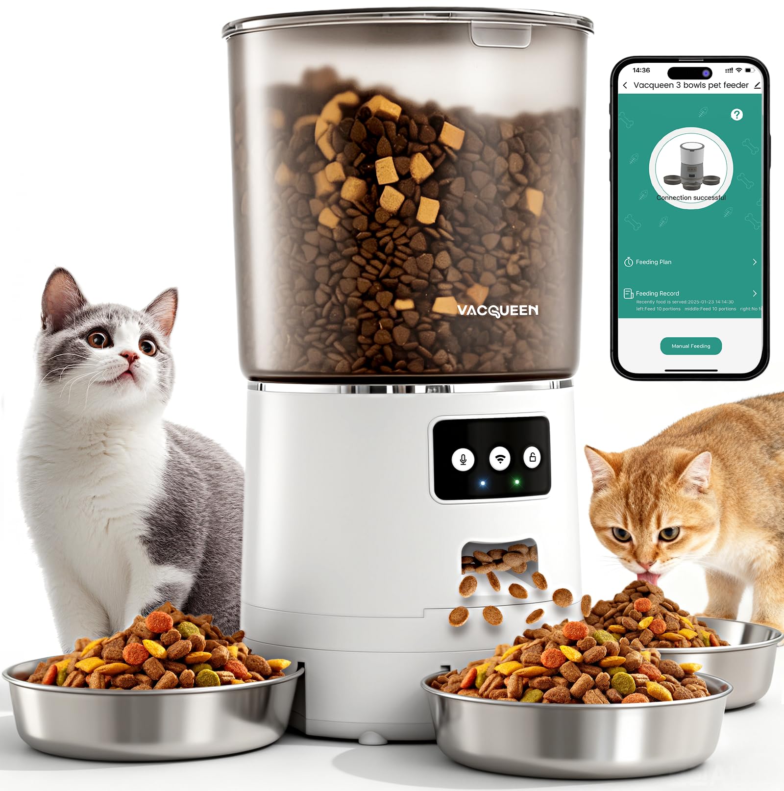 Vacqueen automatic cat feeder 3-bowl setup for multi-pet households, customizable portions.