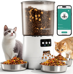 Vacqueen automatic cat feeder 3-bowl setup for multi-pet households, customizable portions.