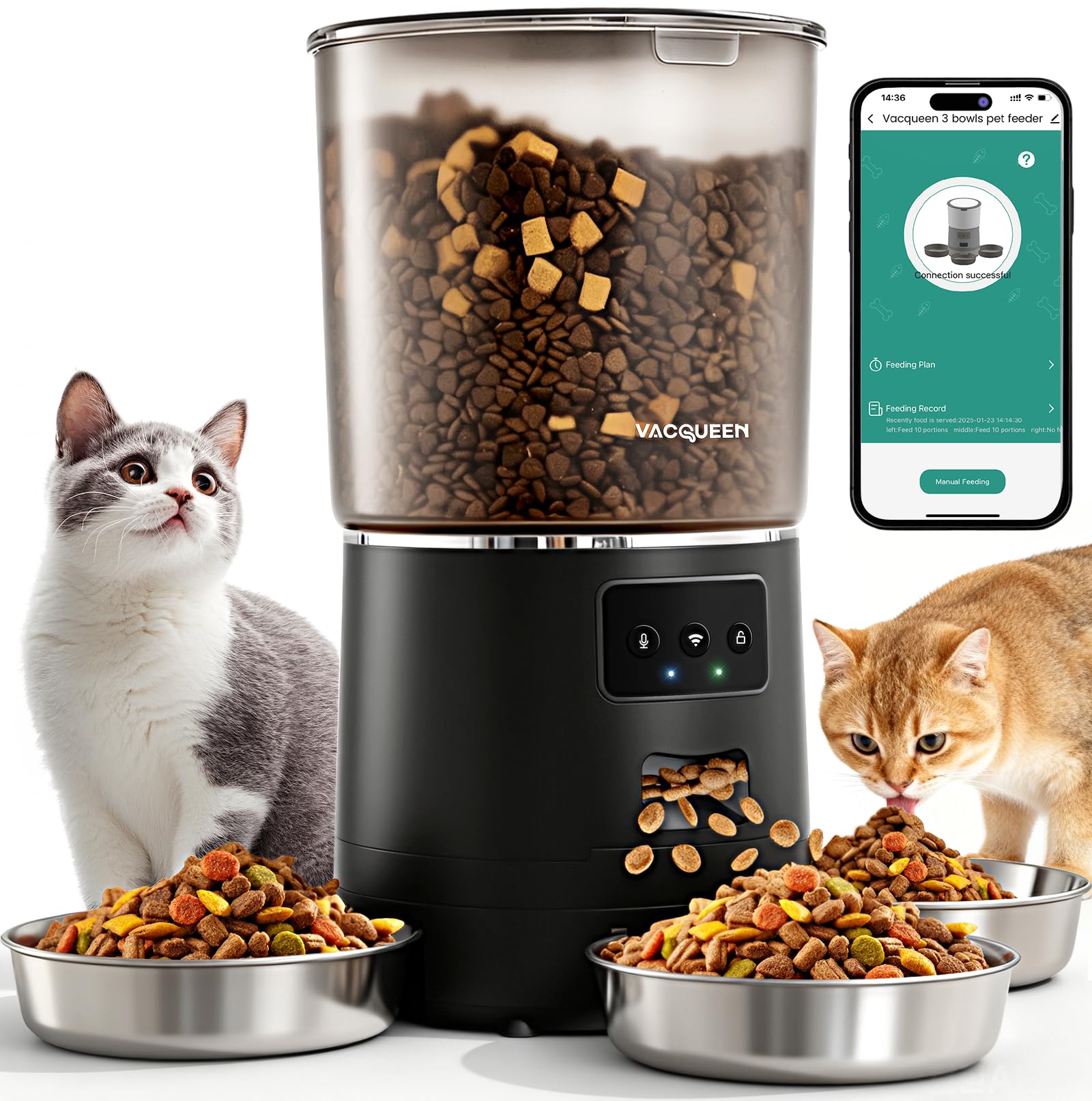 Vacqueen automatic cat feeder showing 3-bowl setup for multi-pet households
