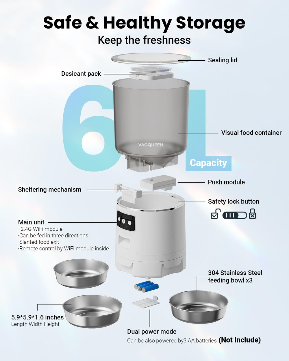 Vacqueen backup power AA batteries provide feeding during outages.