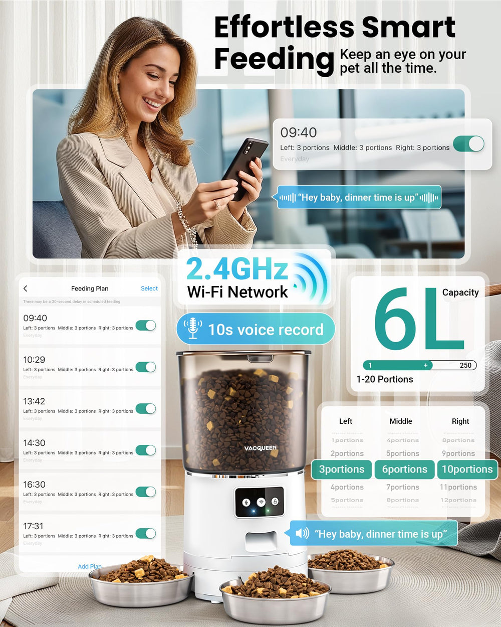 Vacqueen multi-cat dining setup where cats eat together with controlled portions.