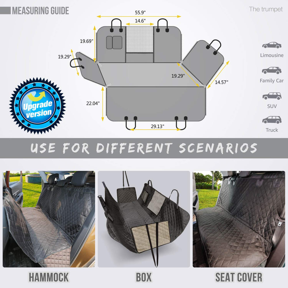 Vailge dog seat cover safety features include straps and seat belt openings.