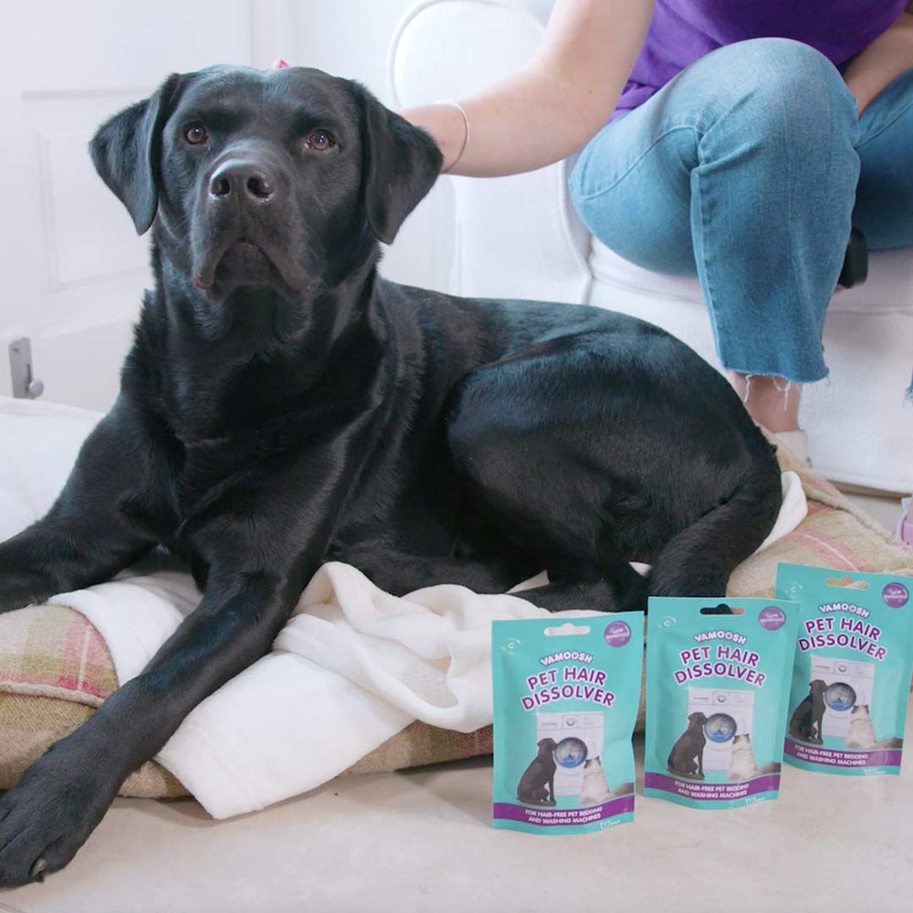 Vamoosh brand product shot reinforces safe, family-friendly pet hair removal.