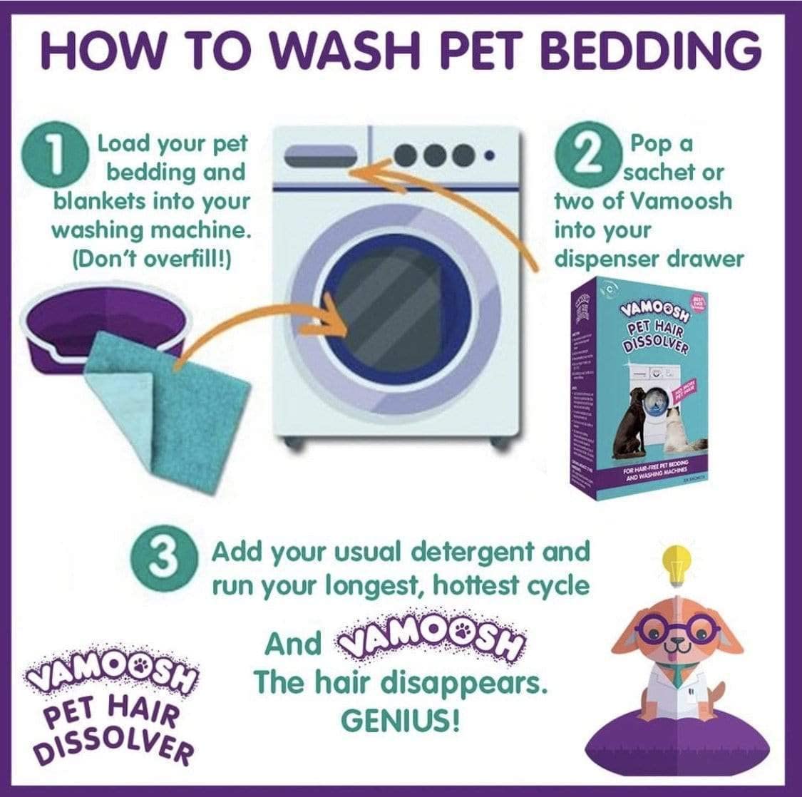 Vamoosh placed in washing machine drum during a hot wash.