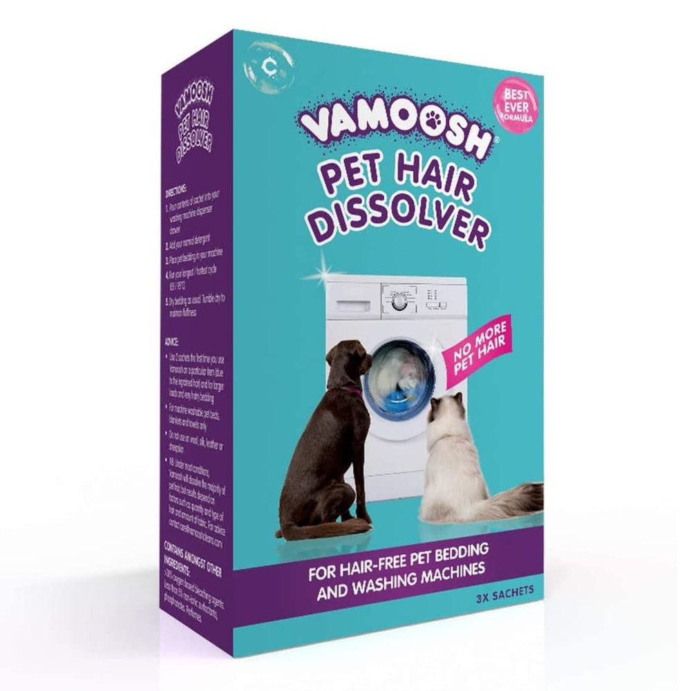 Vamoosh pack of 3 sachets ready to dissolve fur in the wash.