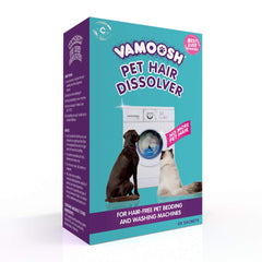 Vamoosh sachets packaging demonstrates convenient hair-dissolving laundry solution for pet homes.