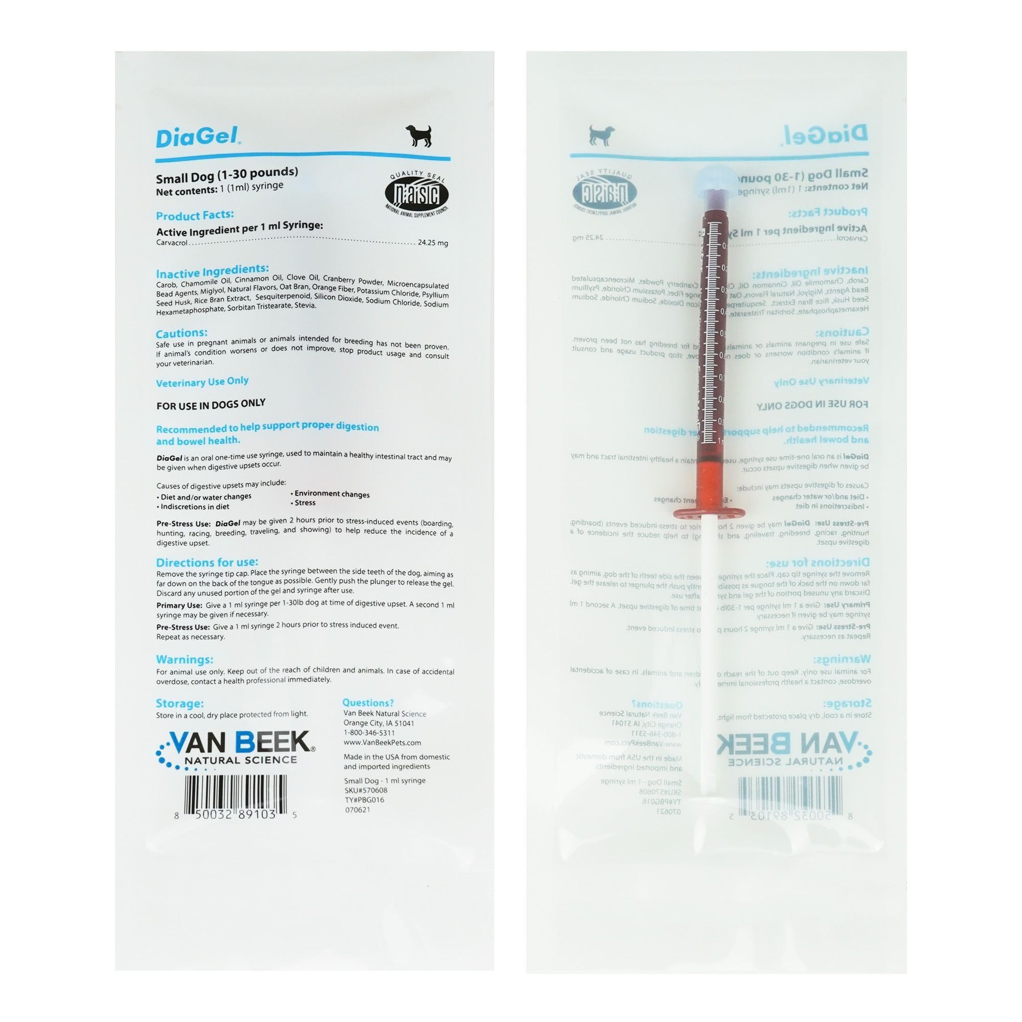Van Beek Diagel for Dogs 1mL bottle—palatable GI support for canine diarrhea symptoms.