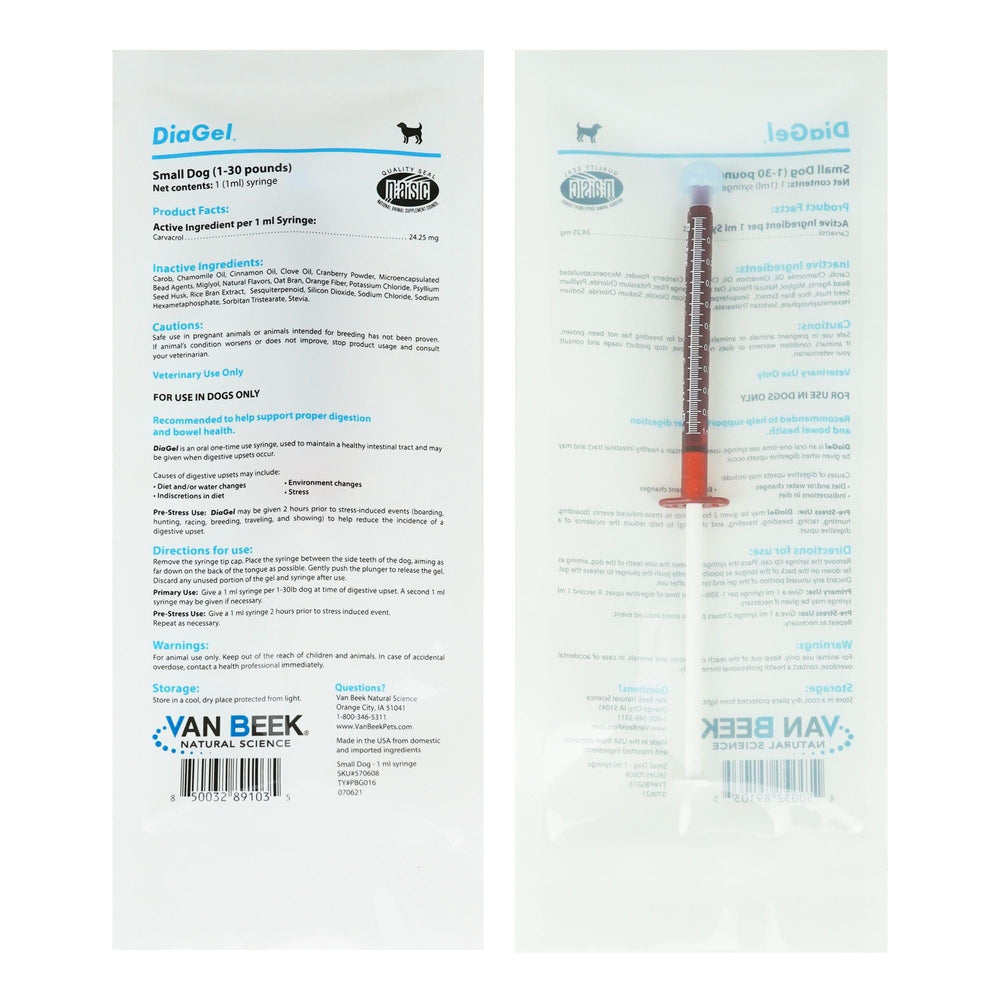 Van Beek Diagel for Dogs 1mL bottle—palatable GI support for canine diarrhea symptoms.