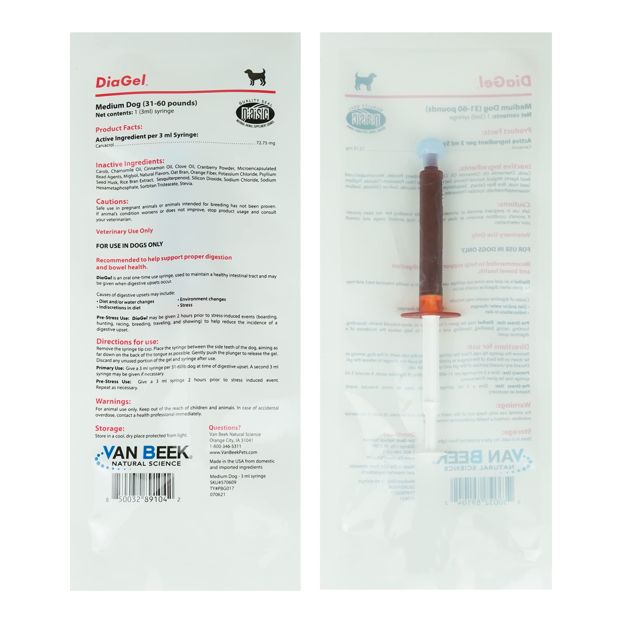 Van Beek DiaGel medium-dog bottle demonstrates quick digestive support for dogs.