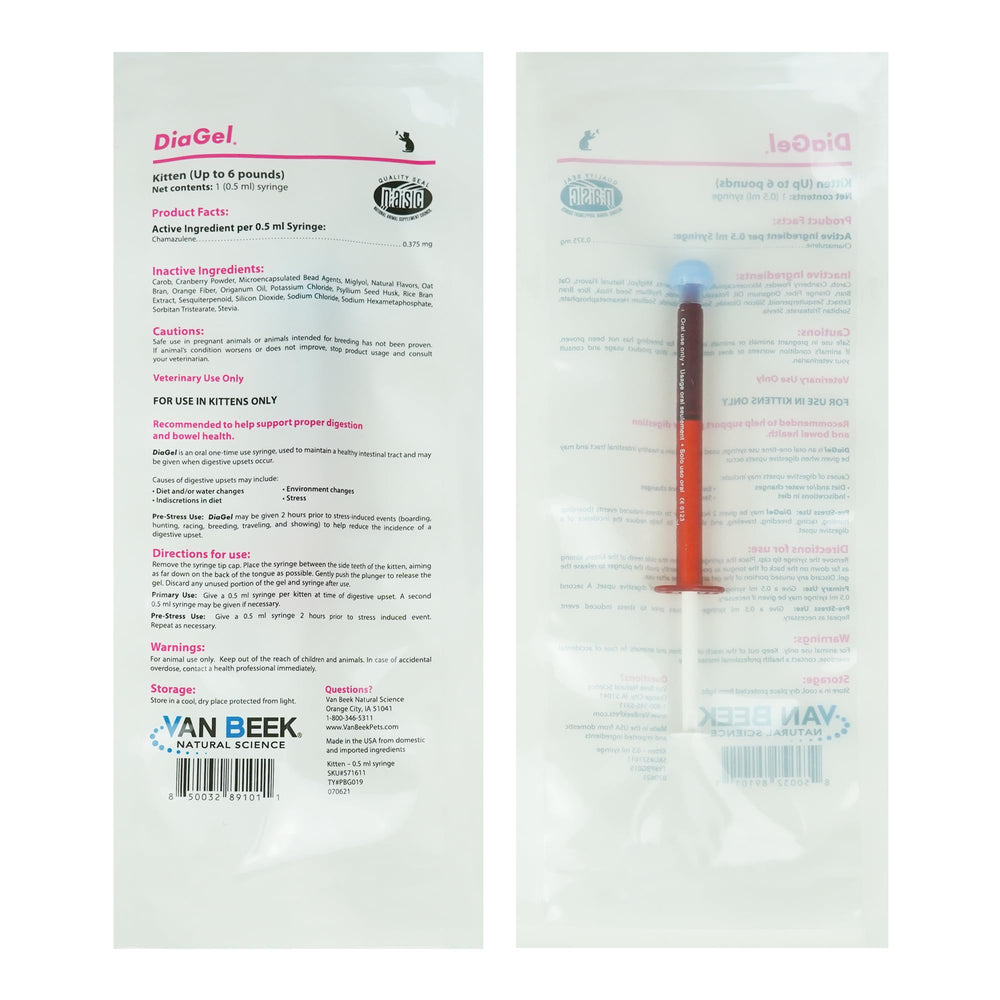 Van Beek Natural Science DiaGel kittens bottle demonstrates quick digestive support.