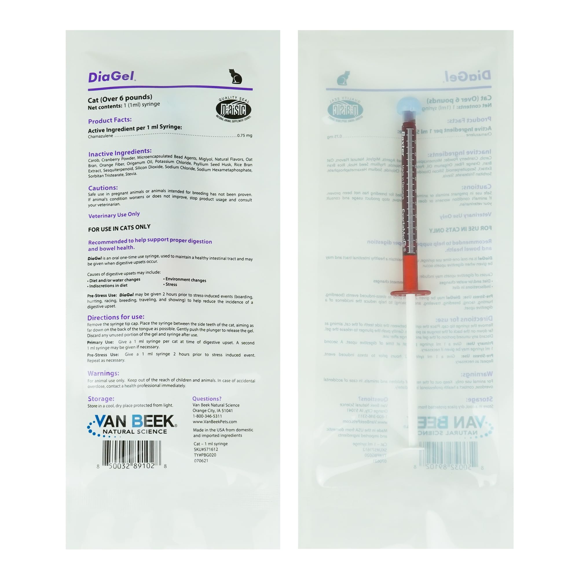 Van Beek Natural Science DiaGel for Cats bottle shows a palatable oral gel for digestive comfort during travel.