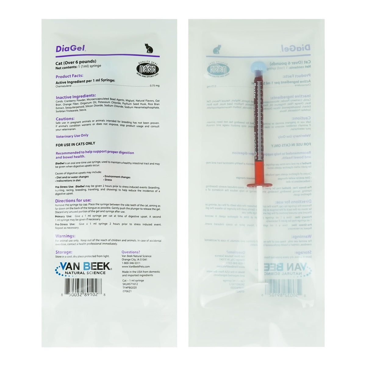 Van Beek Natural Science DiaGel for Cats bottle shows a palatable oral gel for digestive comfort during travel.