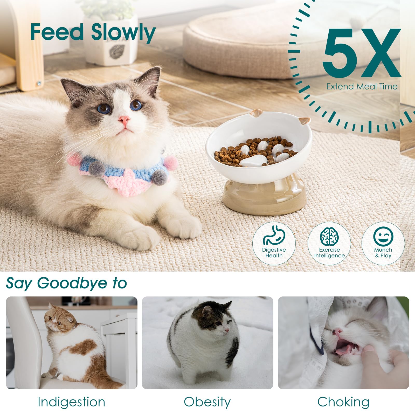 Vancasso anti-slip base cat feeder minimizes tipping during meals.