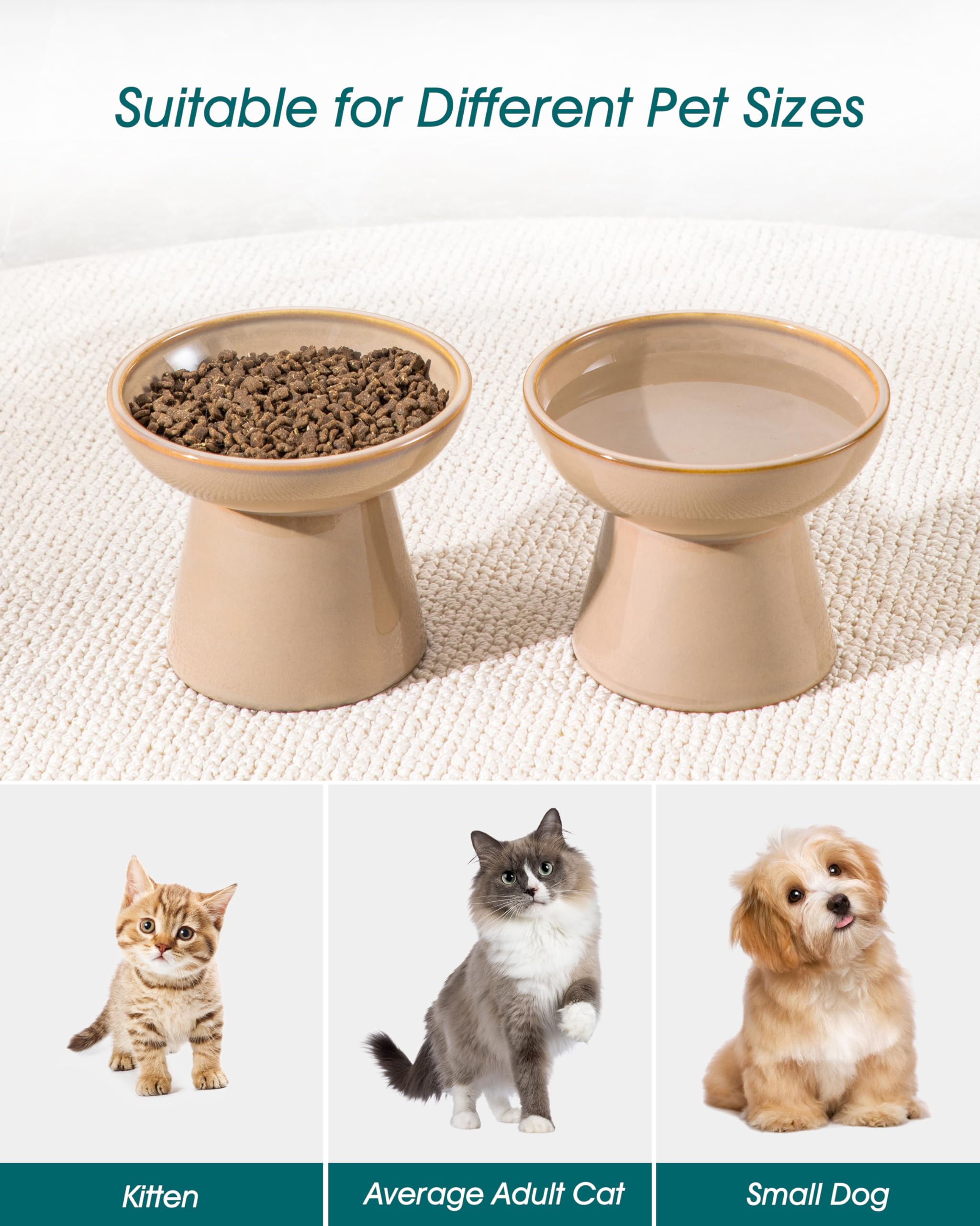 Vancasso elevated cat bowls suitable for cats and small dogs, showcasing versatility.