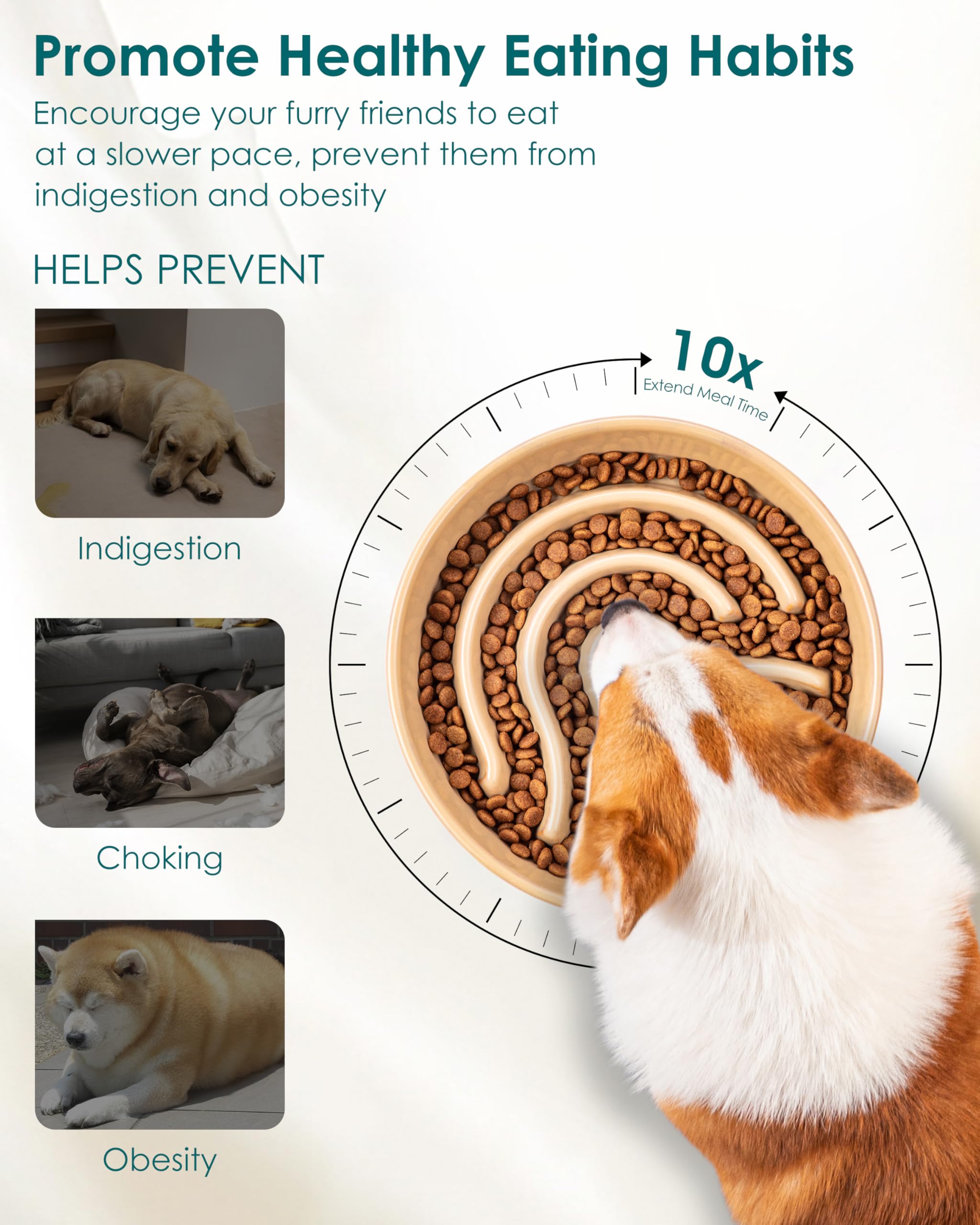 Vancasso slow-feeder-bowl ceramic material offers lead-free, smooth-glazed surface for easy cleaning.