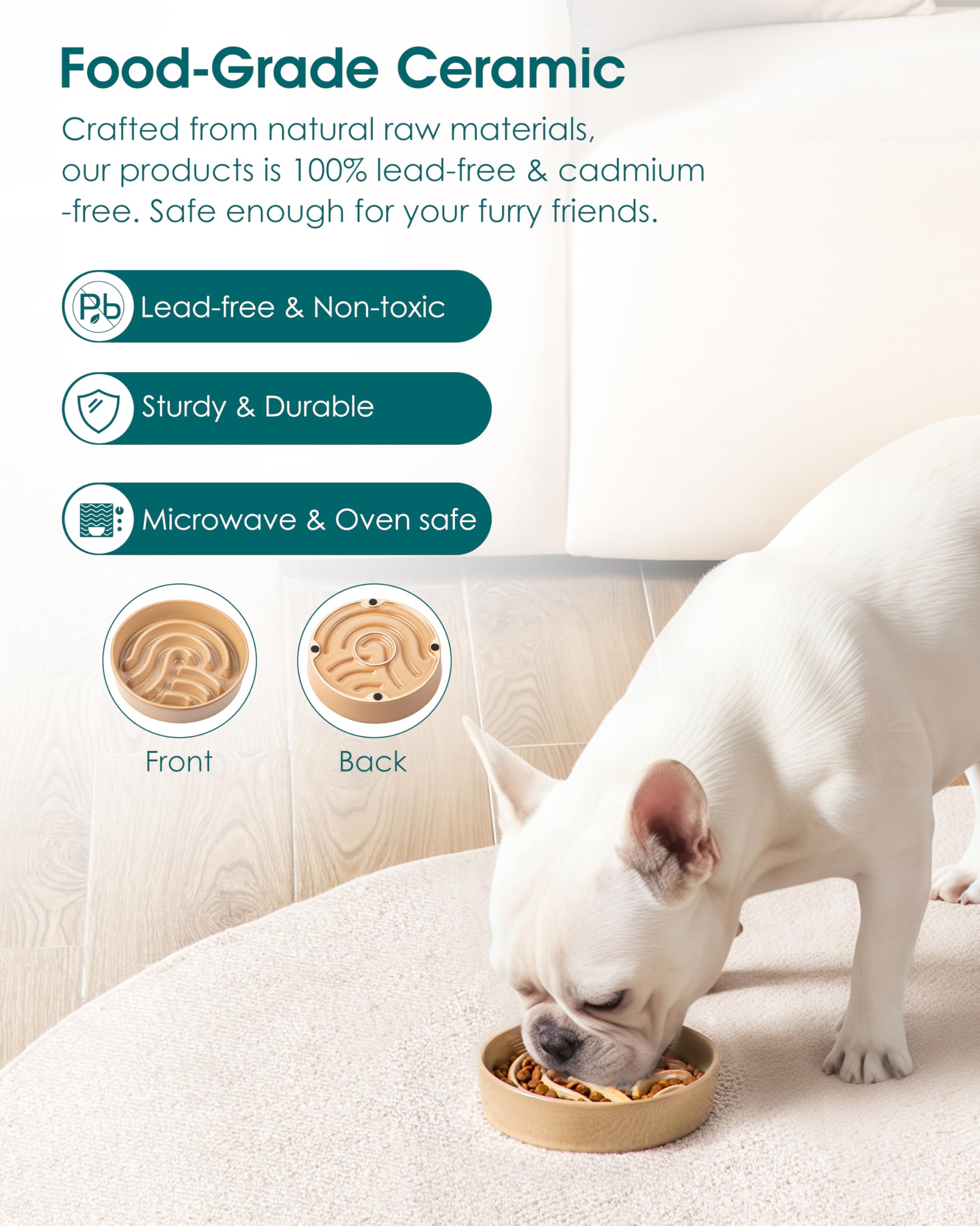 Vancasso slow feeder bowl with non-slip pads helps prevent spills.