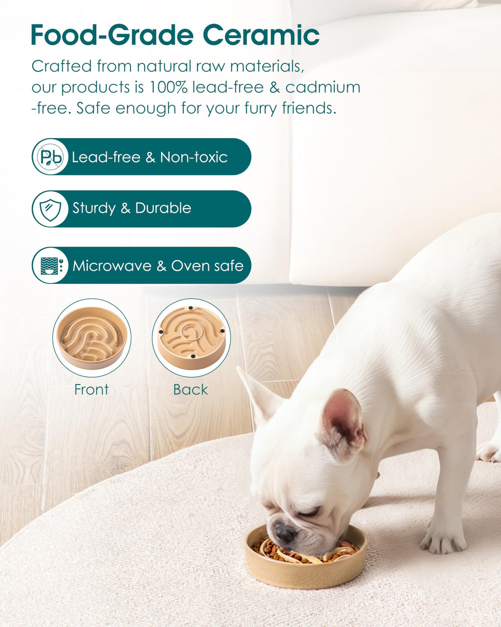 Vancasso slow feeder bowl with non-slip pads helps prevent spills.