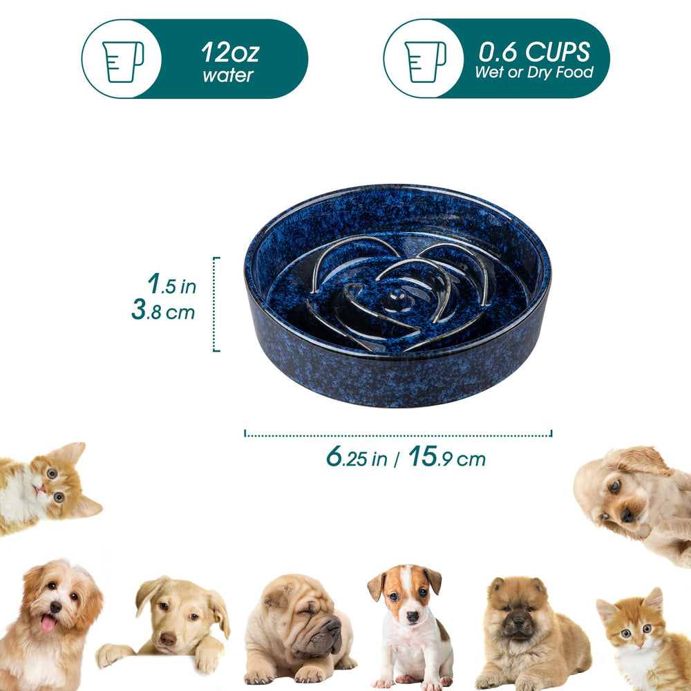 Vancasso slow-feeder dog bowl blue side view reveals ridged maze for slower meals.