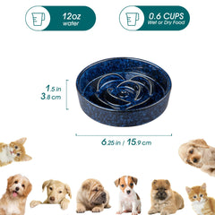 Vancasso slow-feeder dog bowl blue side view reveals ridged maze for slower meals.