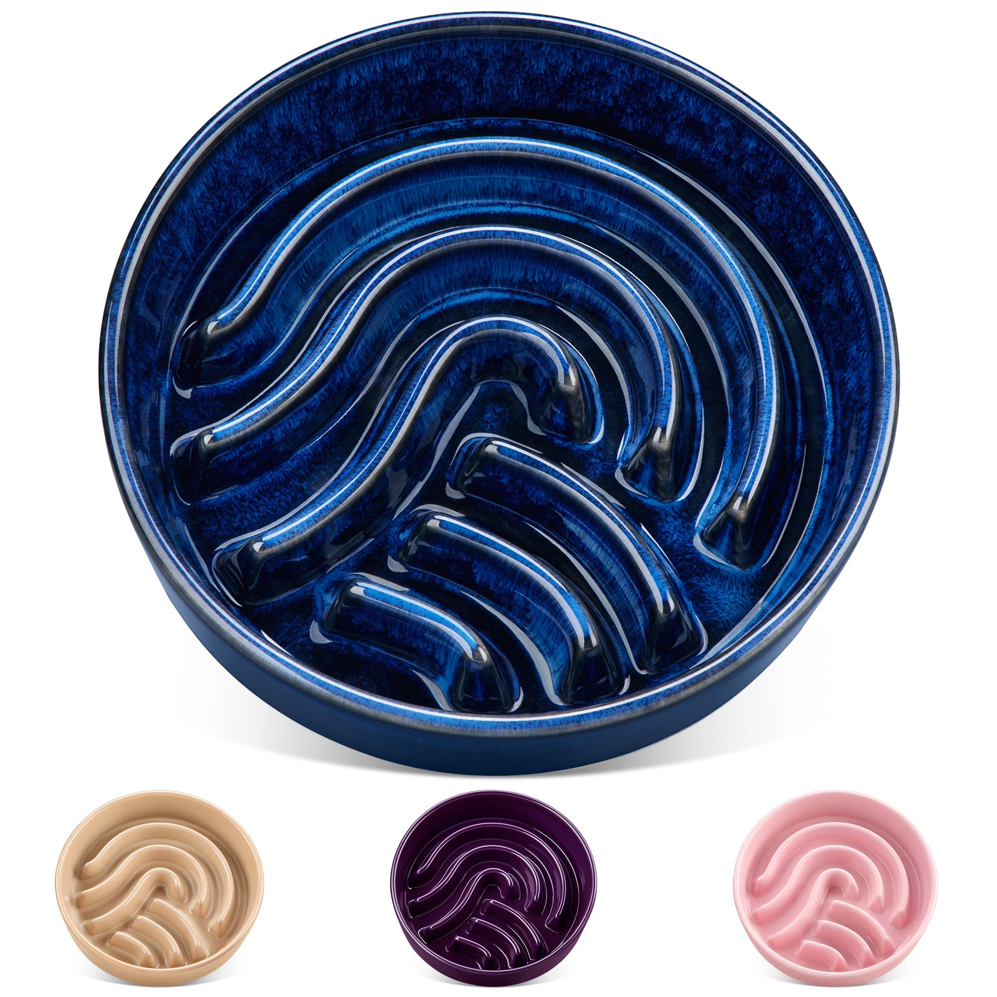 Vancasso slow feeder blue bowl top view showing maze design to pace meals.