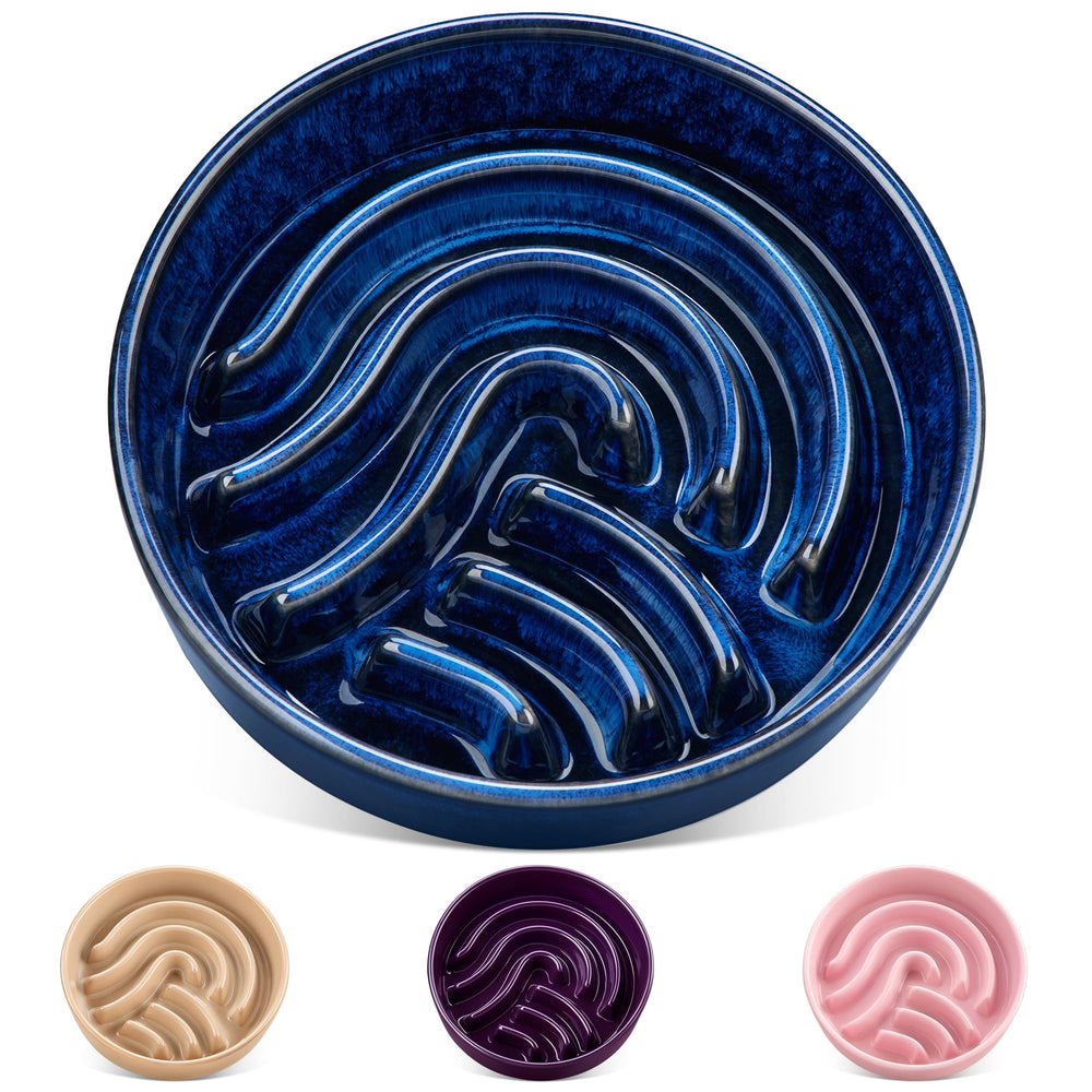 Vancasso slow feeder blue bowl top view showing maze design to pace meals.