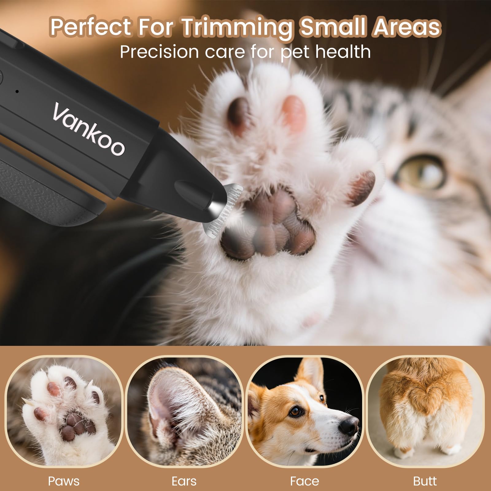 Vankoo ceramic fur-trimmer head safely removes fur around paws and face.