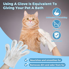 Vannon glove wipes on cat face closeup showing soothing, odor-control cleansing between baths.