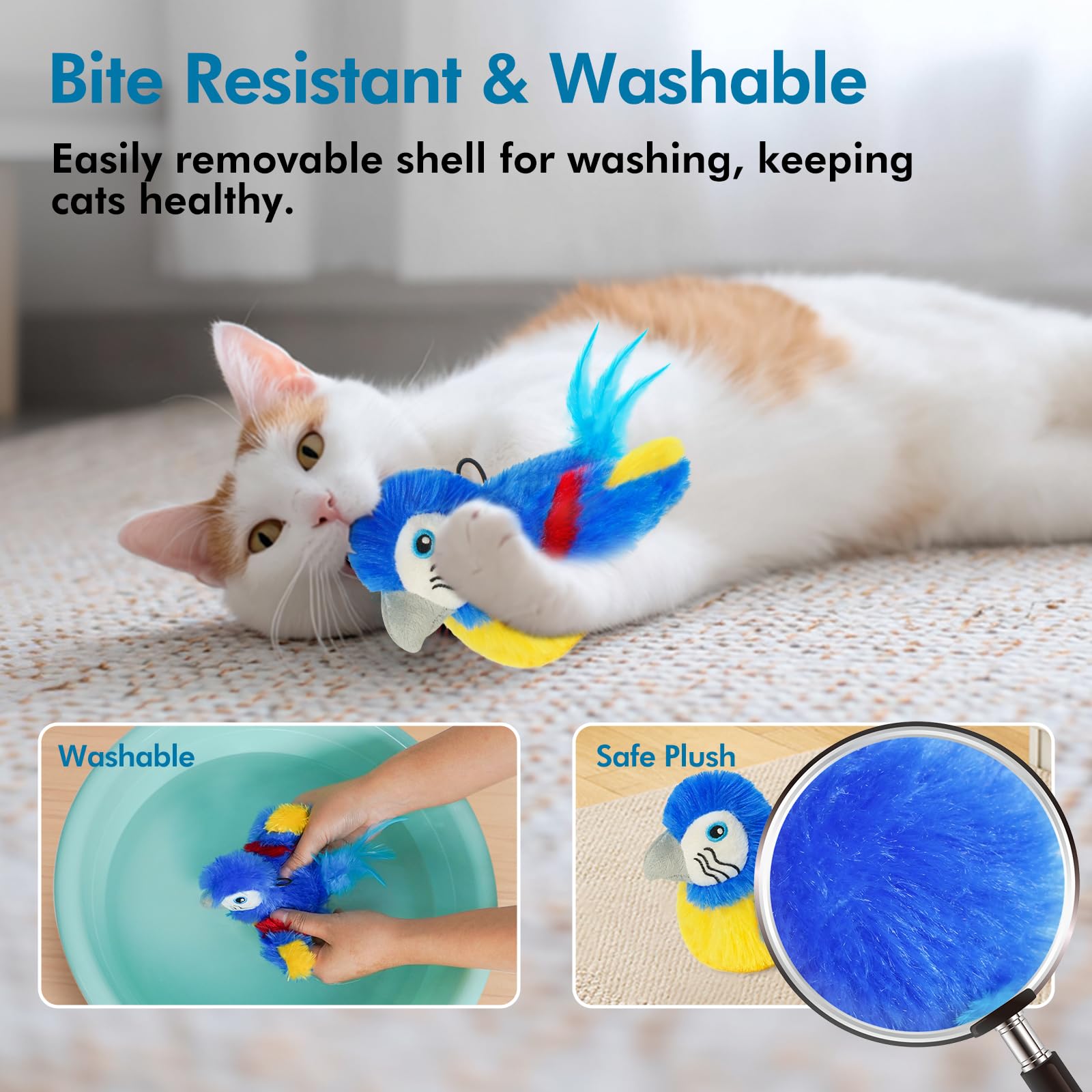 Vannon plush bird invites gentle swats and snuggles during play.