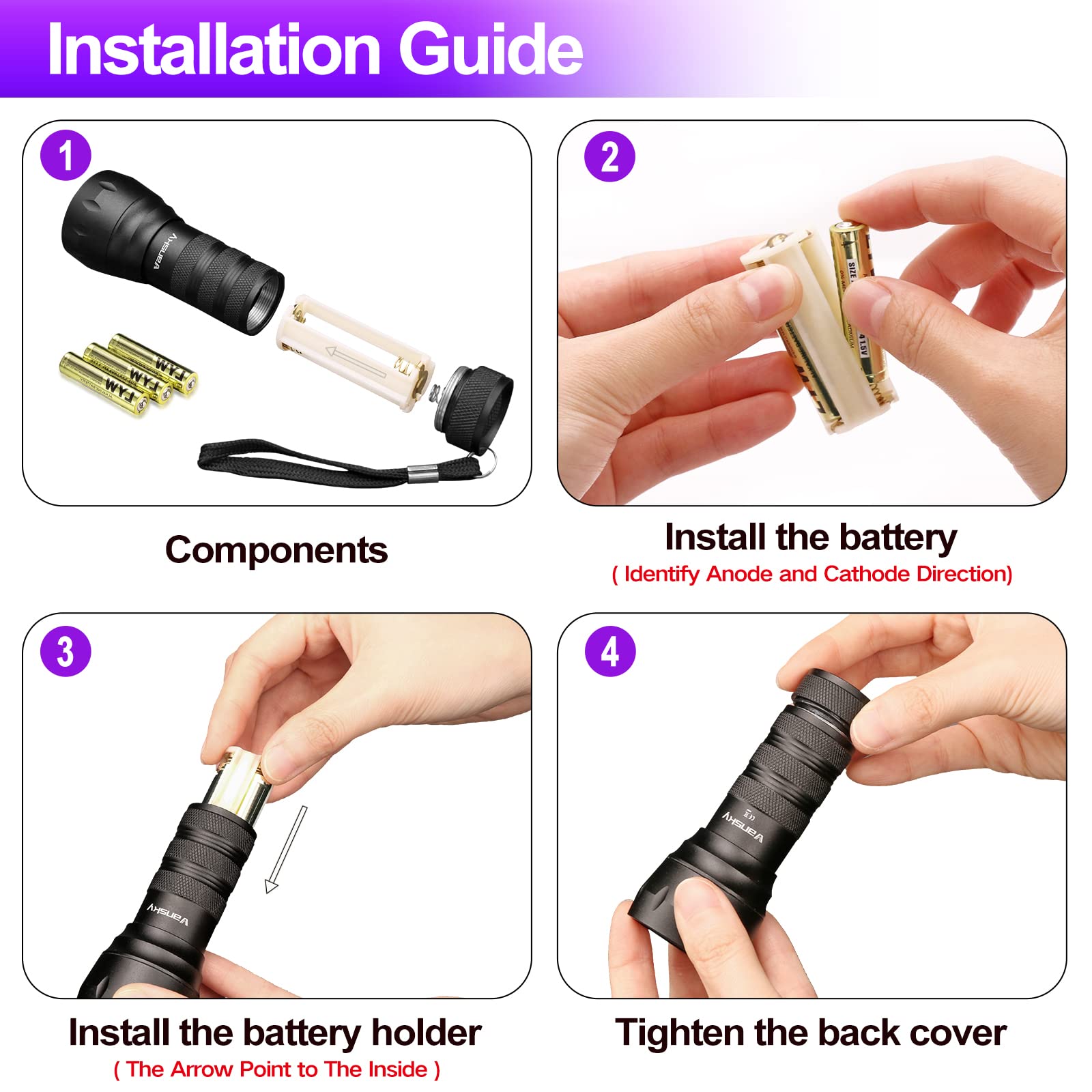 Vansky battery-included UV flashlight ships with AAA batteries ready to use.