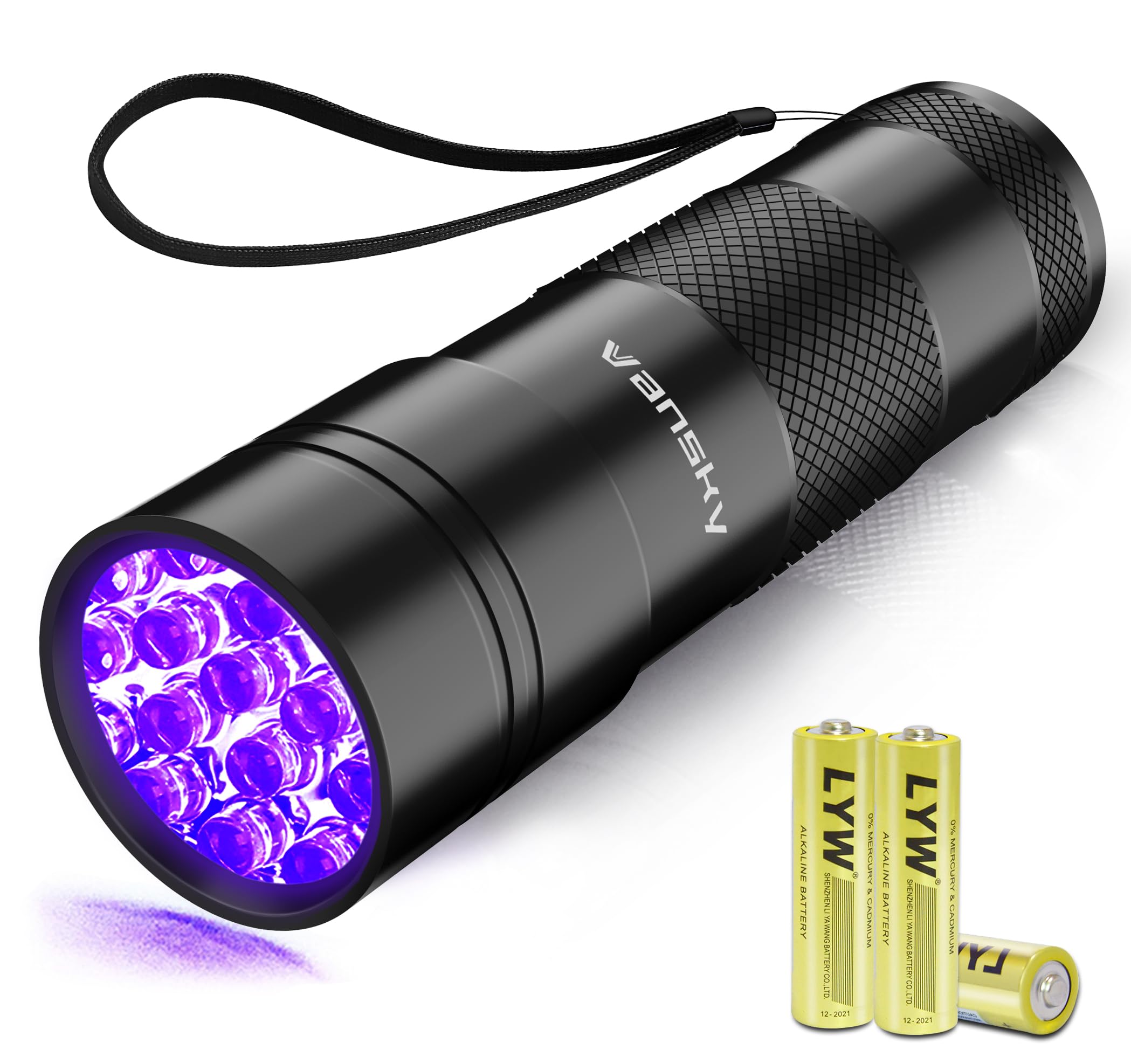 Vansky blacklight UV flashlight front view highlighting hidden stains and glow-ready details