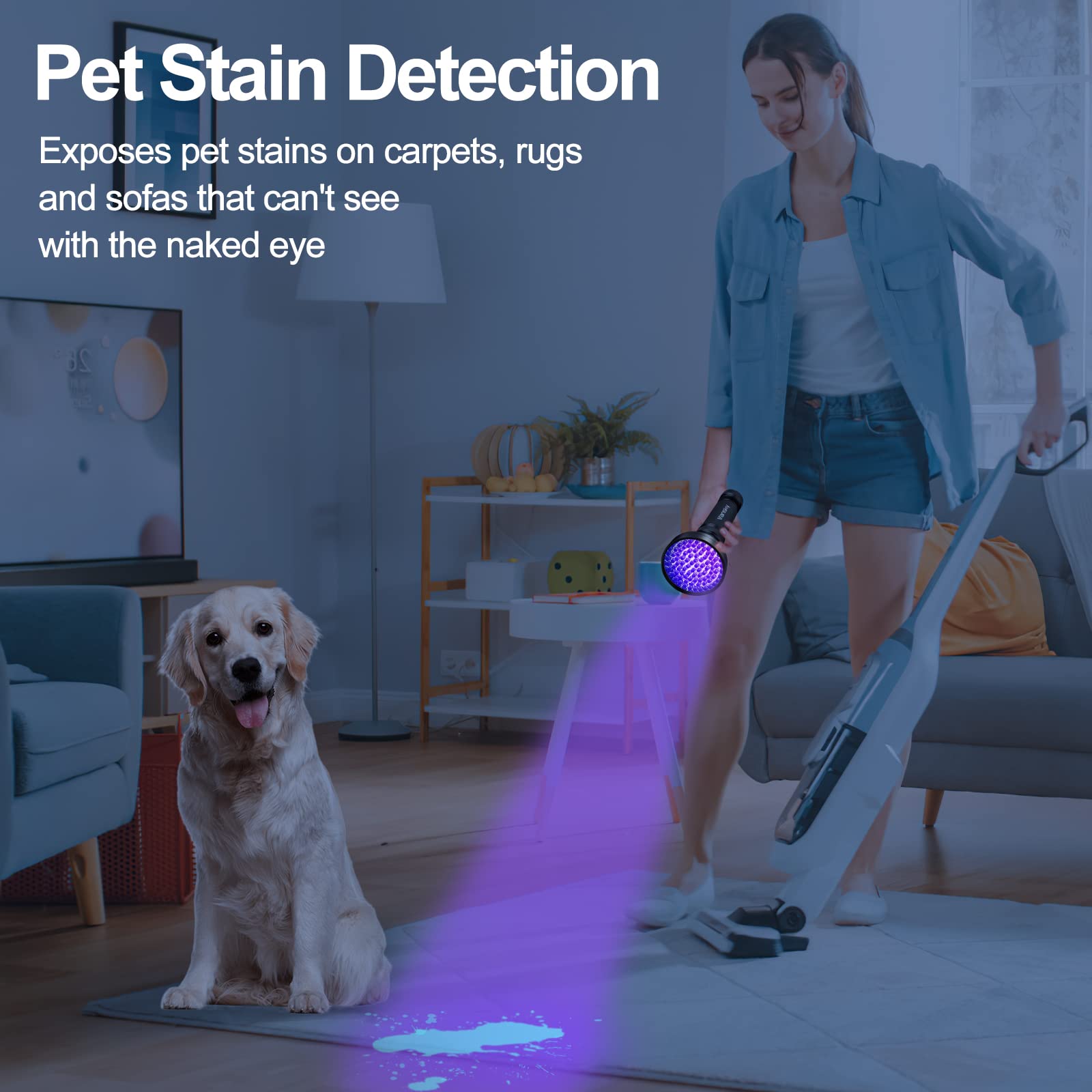 Vansky Lámpara UV detecta orina de mascotas en alfombras y muebles.