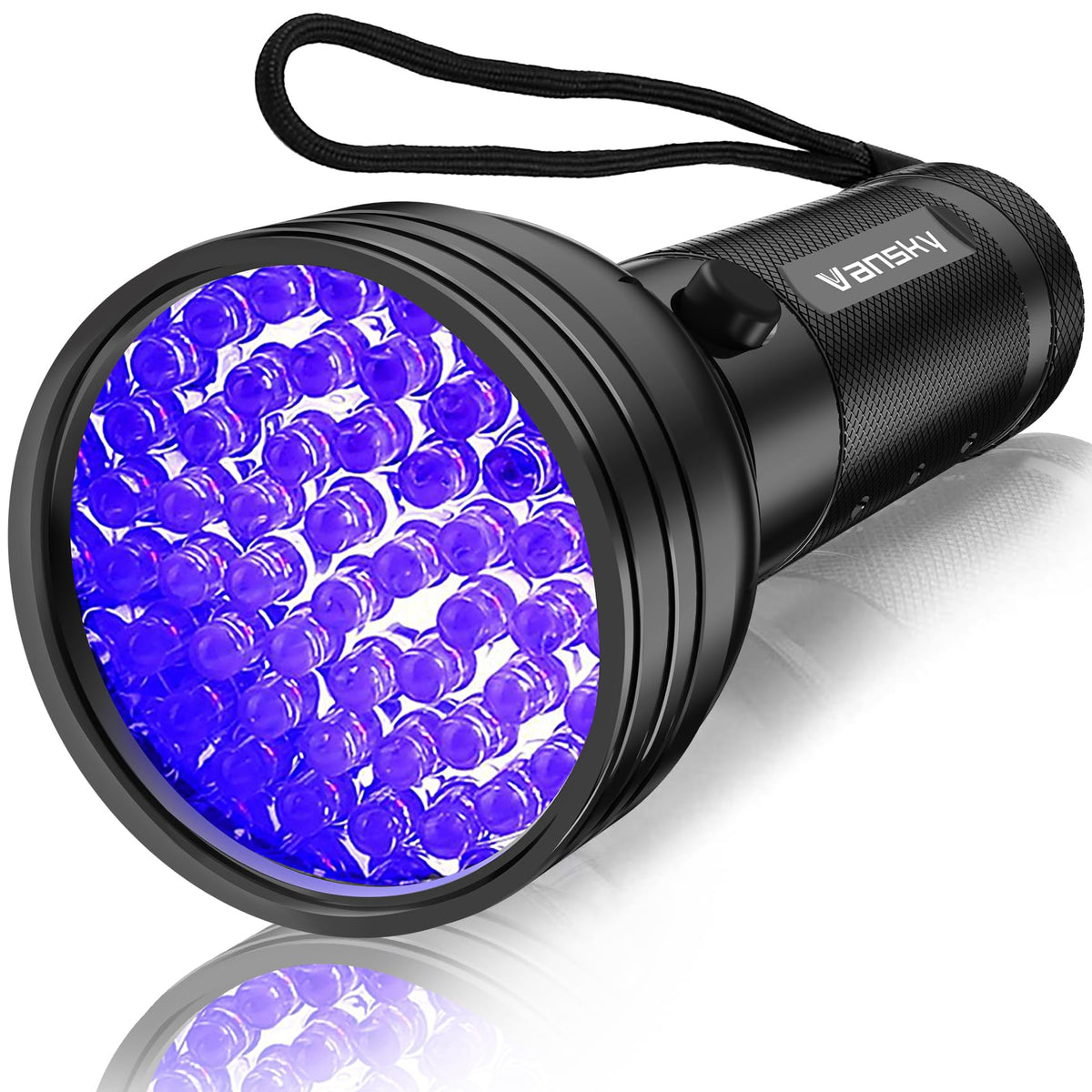 Vansky UV flashlight with 51 LEDs in compact design for on-the-go stain detection.