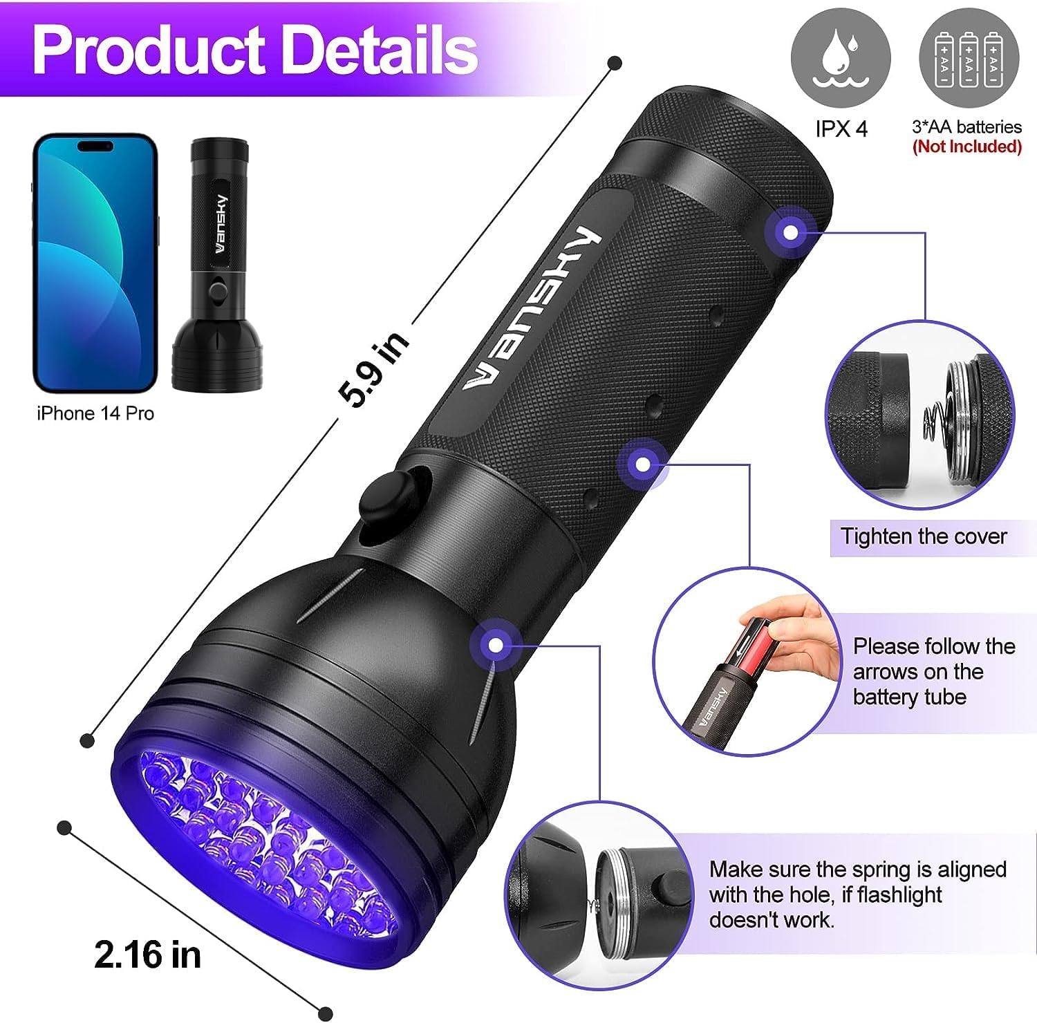 Vansky UV flashlight illuminates minerals and body art details.