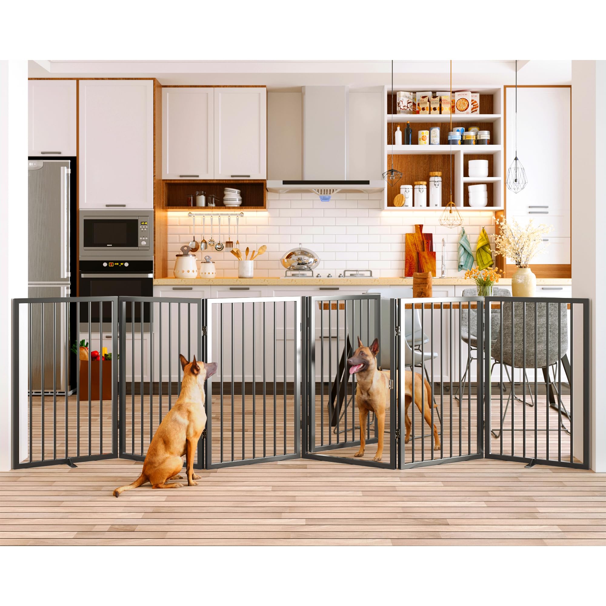 Vantas folding dog gate 120-wide demonstrates a spacious room boundary for pets.