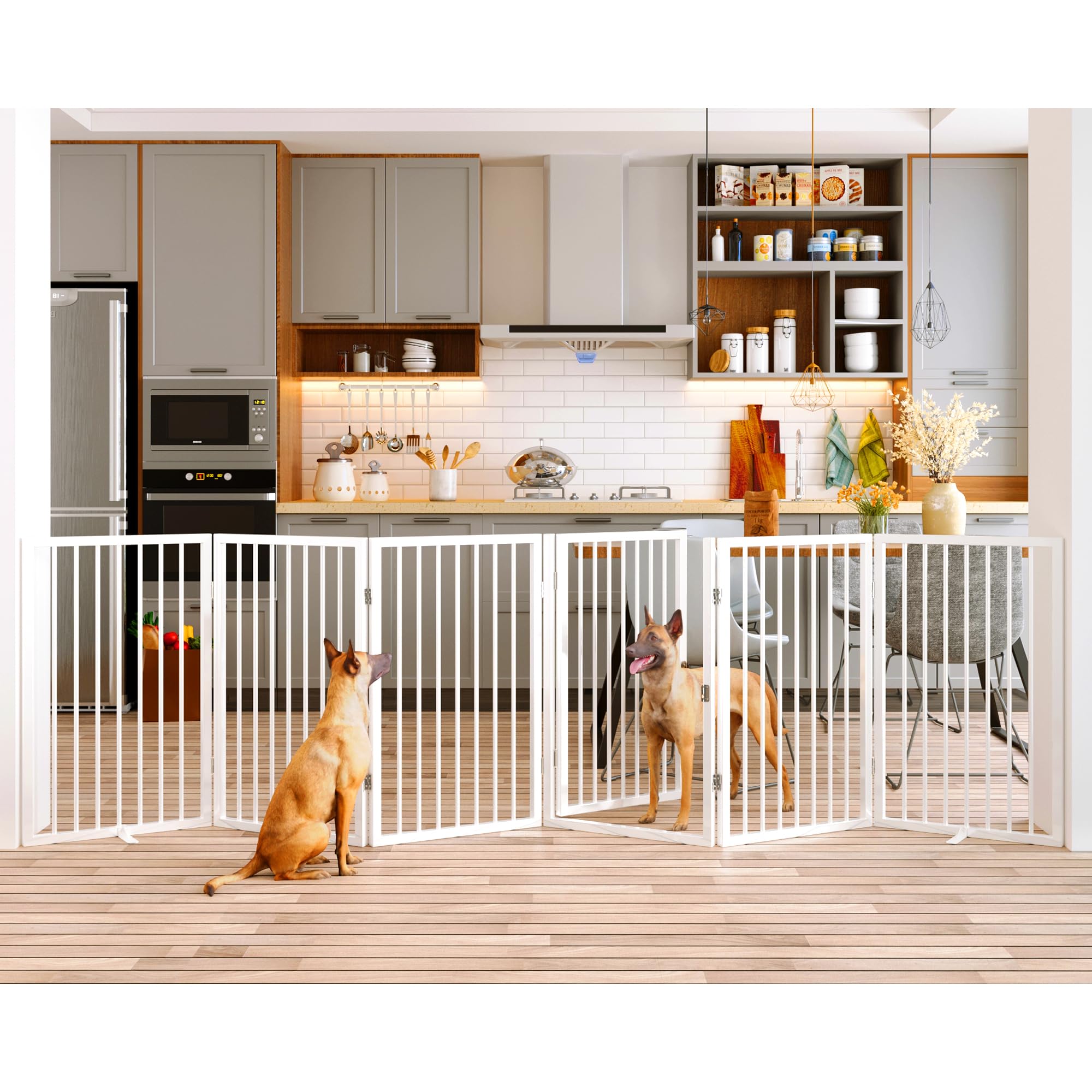 Vantas folding gate fully expanded across doorway for pet containment.