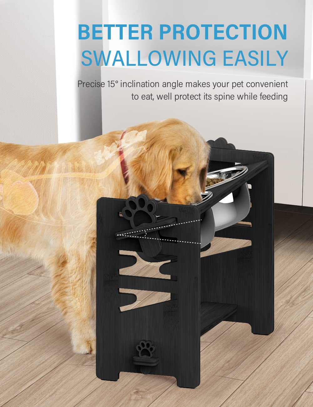 Vantic Elevated Dog Bowls bamboo stand offers sturdy, natural construction with smooth finish.