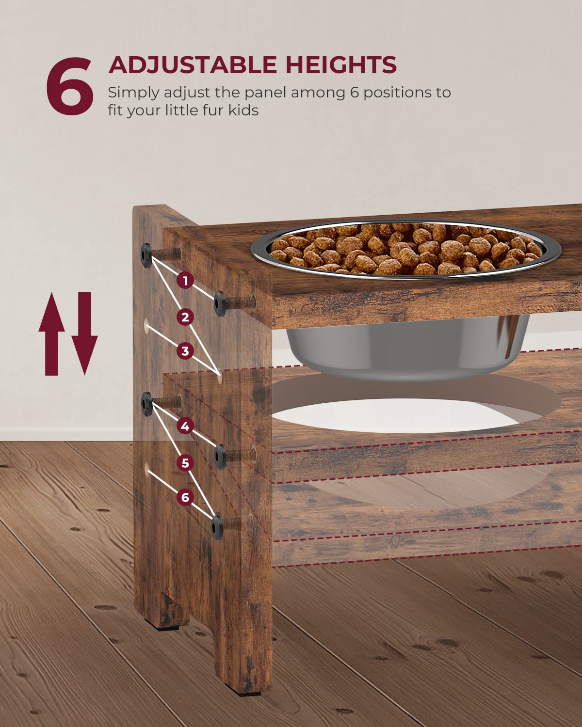 Vantic elevated dog bowls height adjustment highlights customizable feeding height.