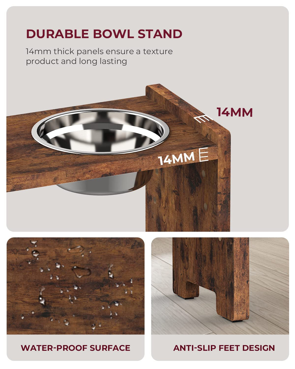 Vantic elevated dog bowls sturdy wood frame complements rustic brown finish.