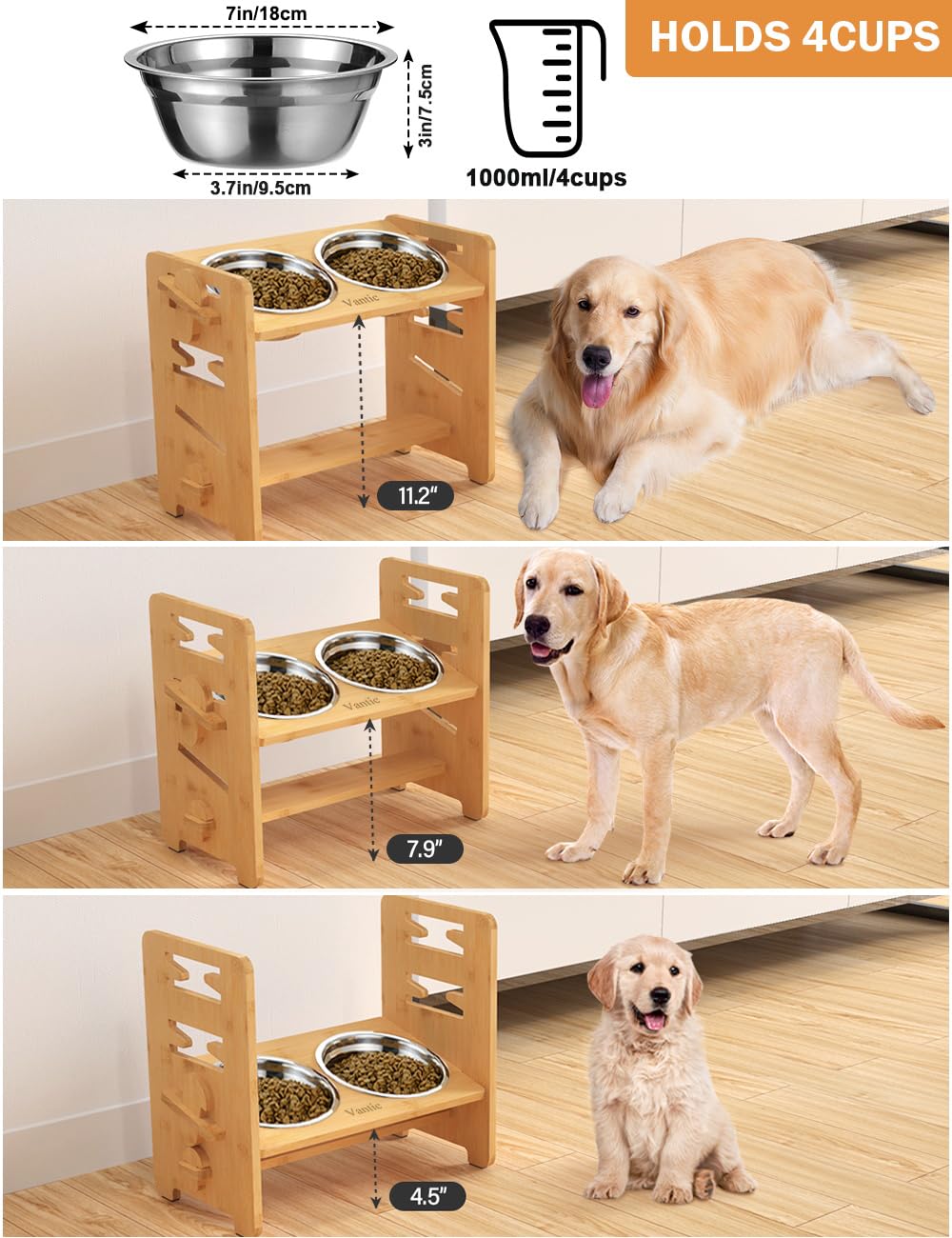 Vantic elevated dog bowls wooden stand highlights natural bamboo craftsmanship for durable feeding