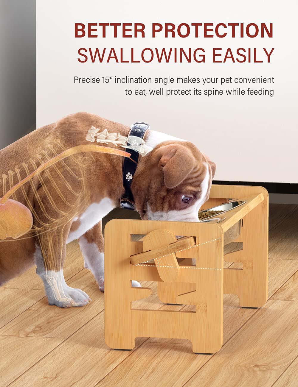 Natural bamboo dog feeder with smooth finish for durability