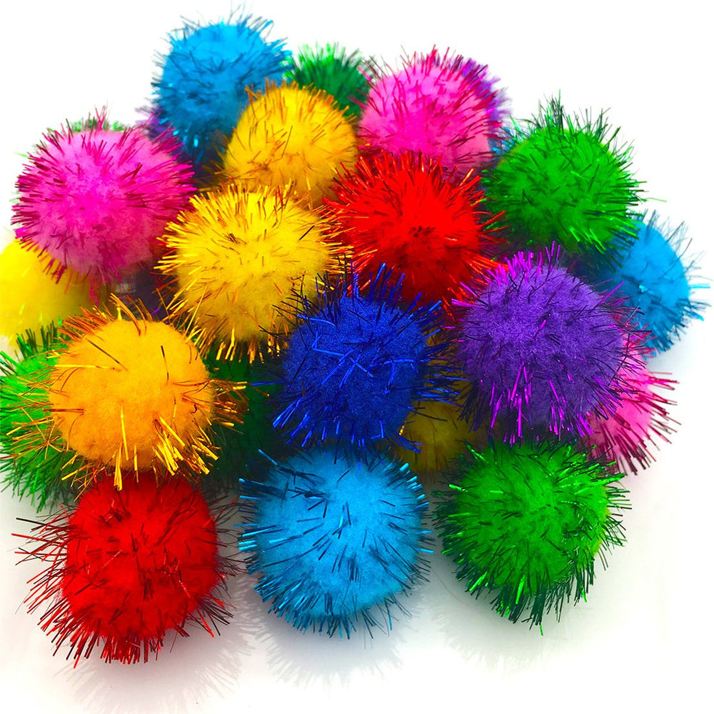 VAPKER colorful tinsel poms closeup highlights glittery texture for stimulation.