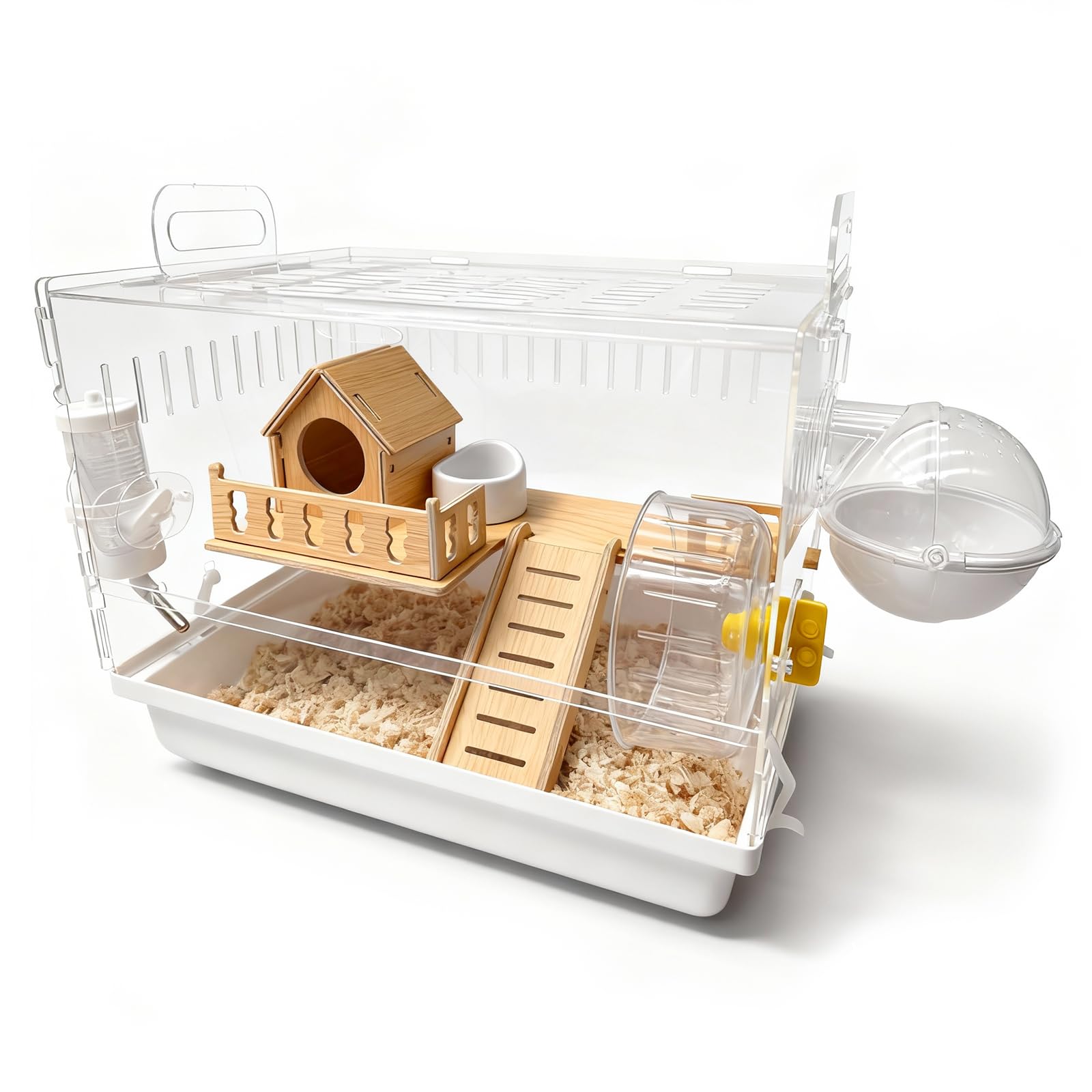 Varrisin acrylic hamster cage front view for easy supervision during playtime.
