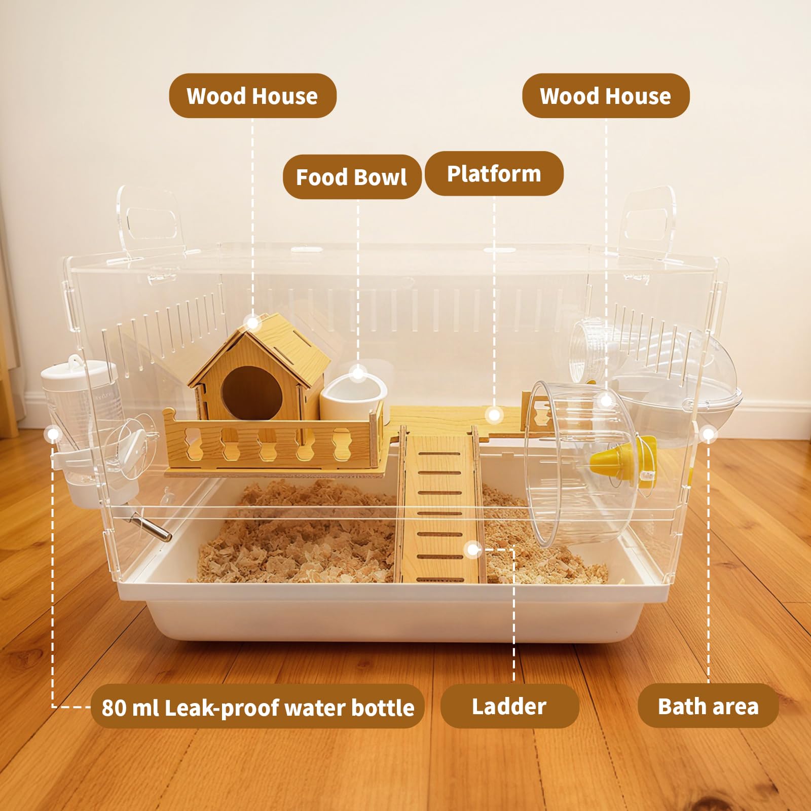 Varrisin two-tier hamster cage interior with wooden loft expands play space.