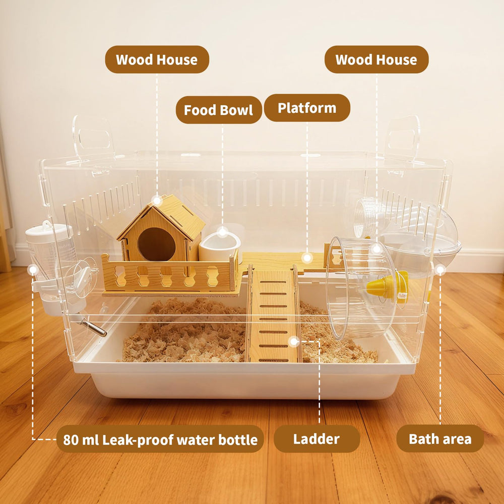 Varrisin two-tier hamster cage interior with wooden loft expands play space.