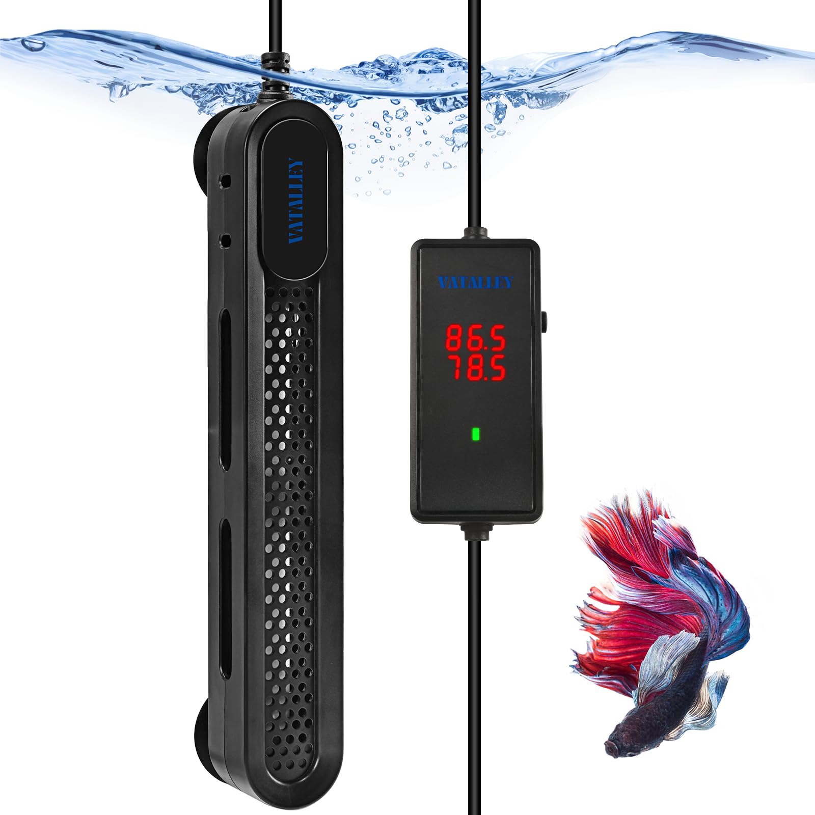 Vatalley aquarium heater with digital LED display showing precise water temperature for accurate care.