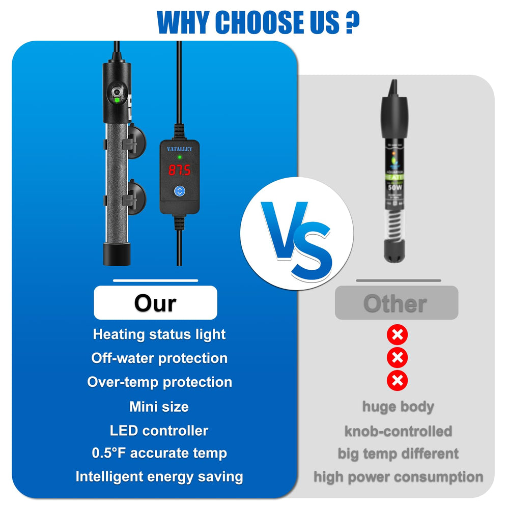 Vatalley overheating protection ensures safe use for turtle and fish habitats.