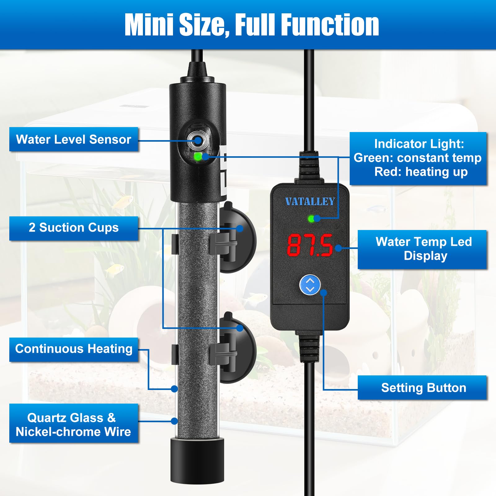 Vatalley LED temperature display highlights precise setpoint for betta tanks.