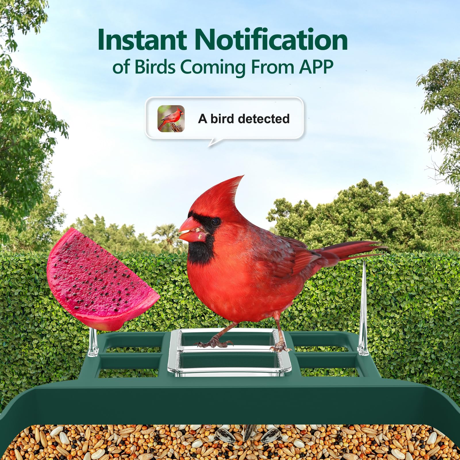 Vatjubi Bird Feeder with Camera AI identify scene highlights species recognition and alerts.