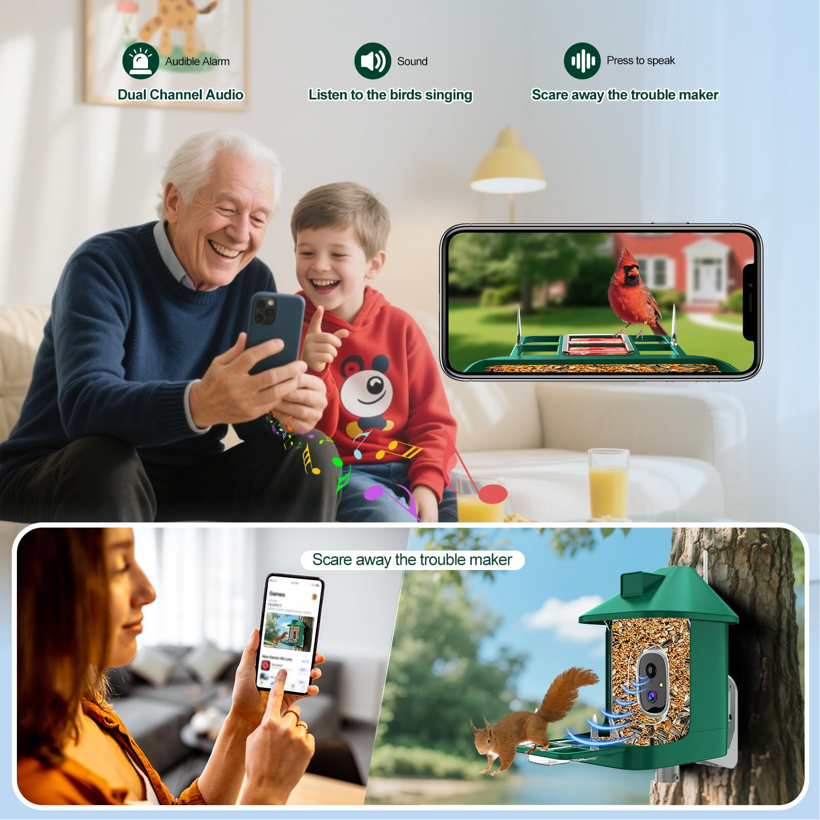 Vatjubi Bird Feeder with Camera multi-feeding options accommodate different birds and foods.
