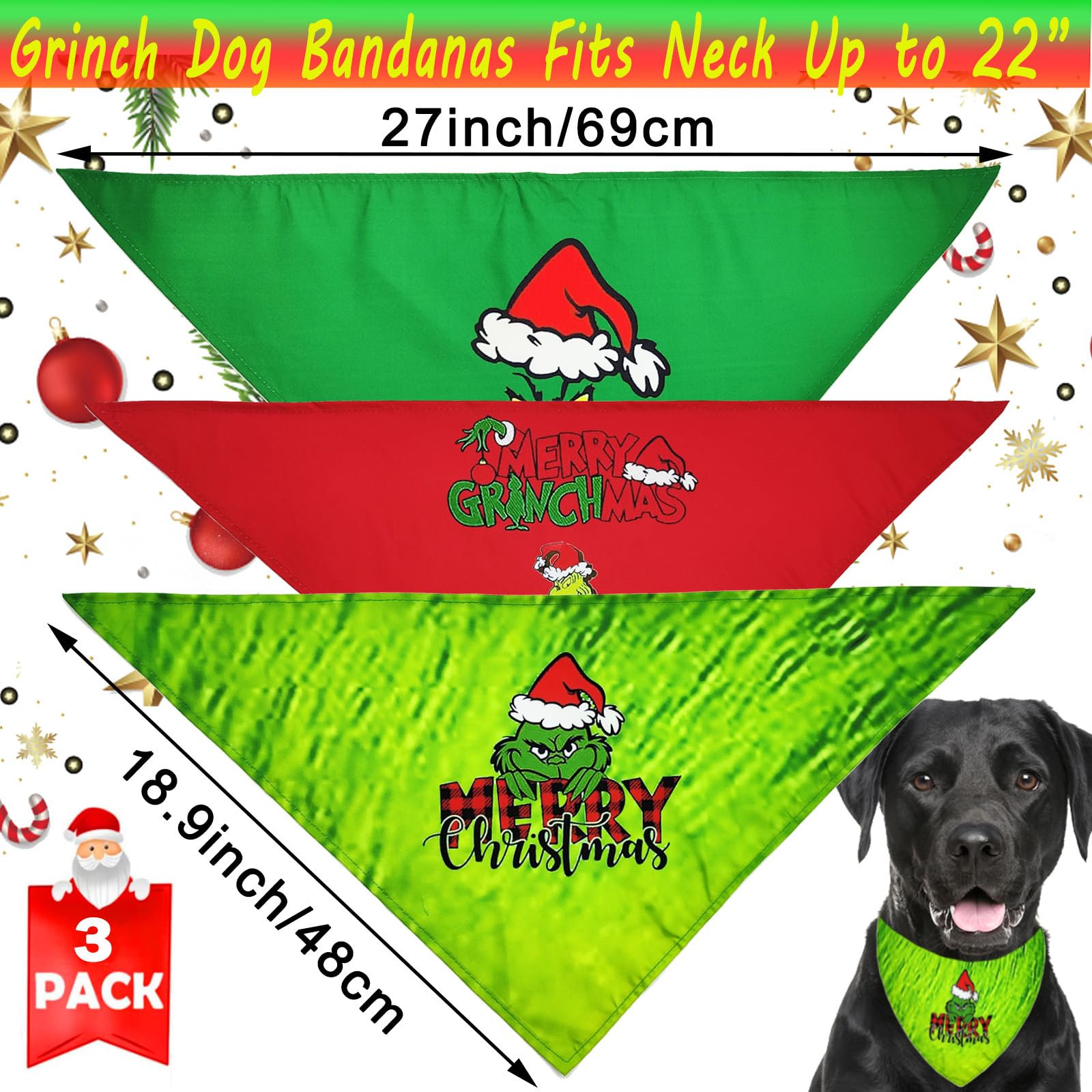 Vaudarkit grinch-pattern green bandana offers cute holiday styling for dogs and cats
